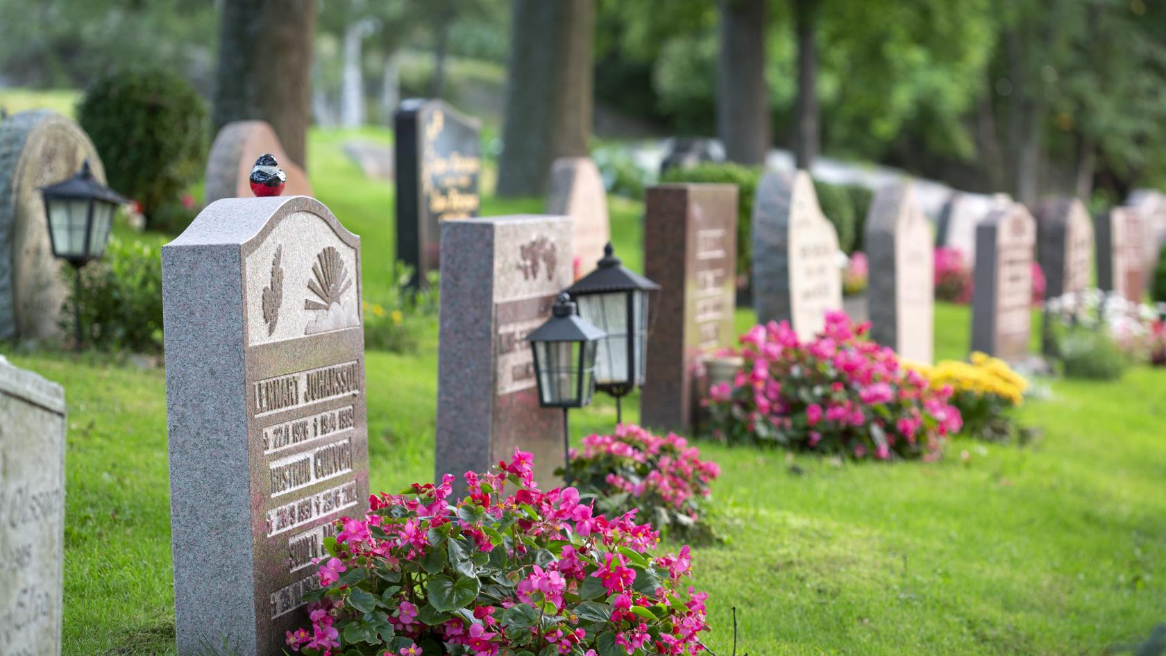 Gravar dekorerade med färggranna blommor på en kyrkogård.