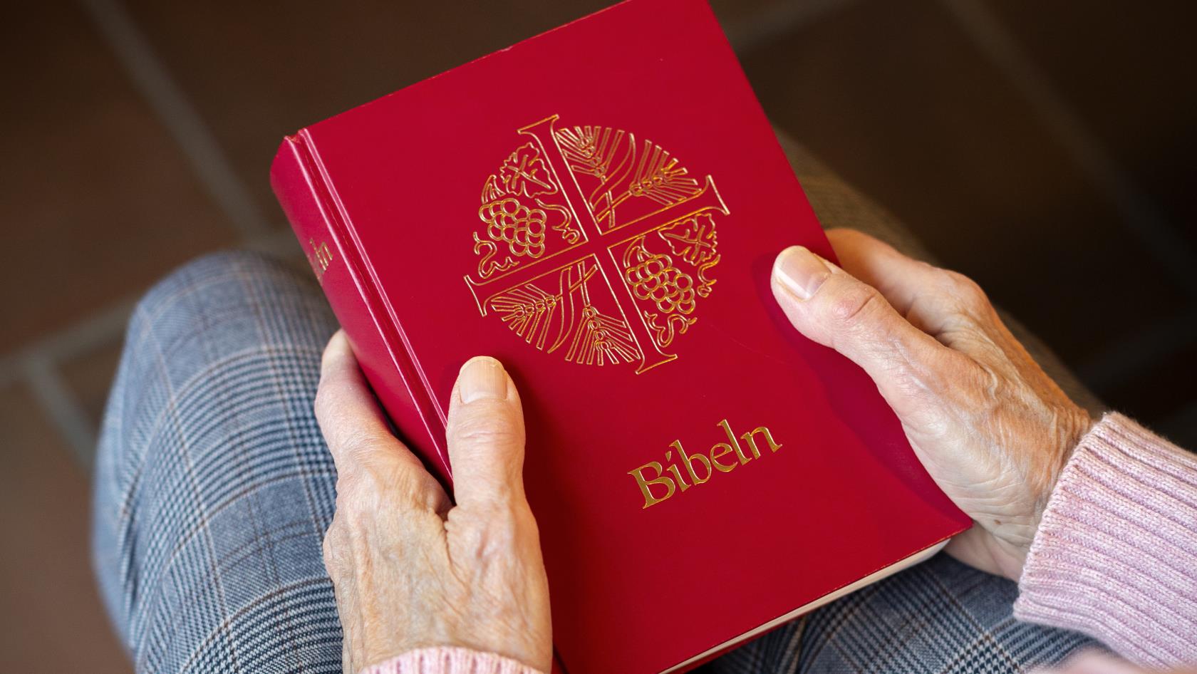 En person sitter i en kyrkbänk med en bibel i knät.