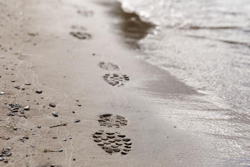 Skoavtryck i sanden vid en strandkant.