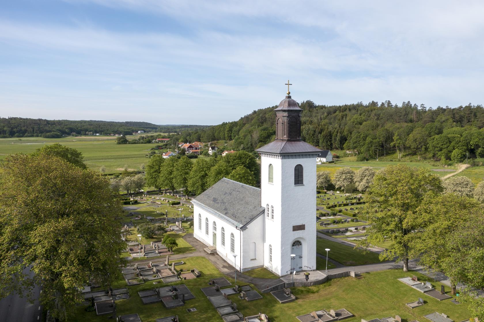 Flygfotografi på en vitputsad kyrka.