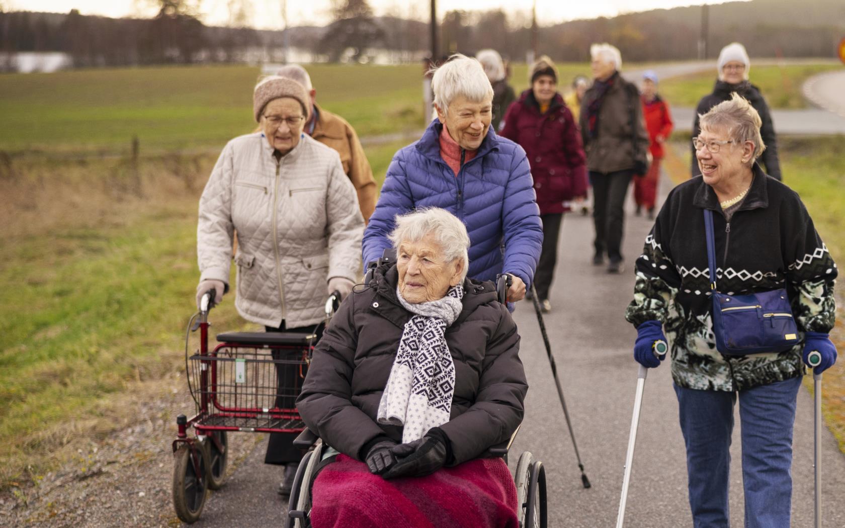 En grupp äldre personer är ute och promenerar tillsammans på en cykelväg vid en landsväg.