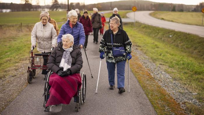 En grupp äldre personer är ute och promenerar tillsammans på en cykelväg vid en landsväg.