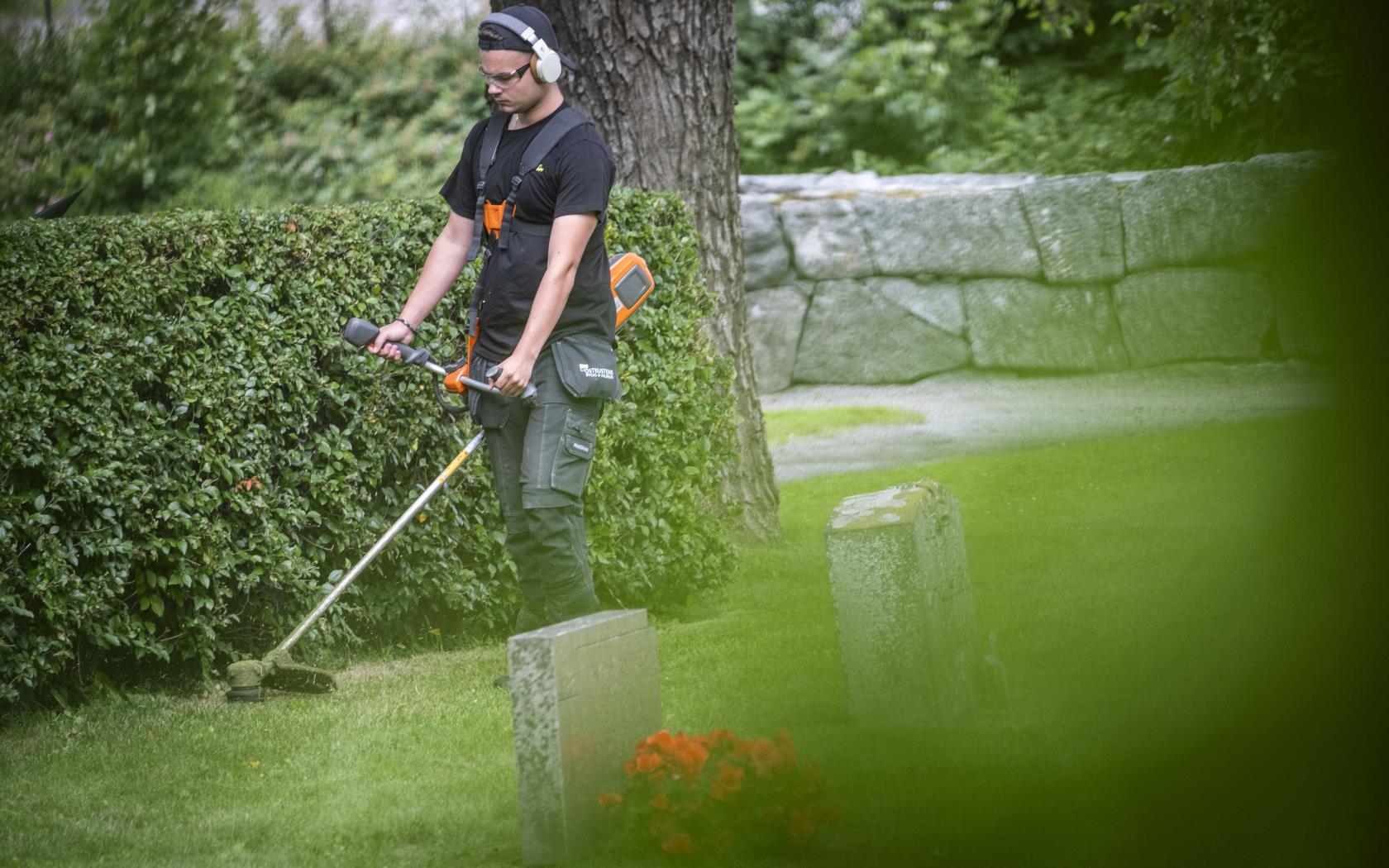 En ung kille klipper gräset runt en häck med en trimmer på en kyrkogård.