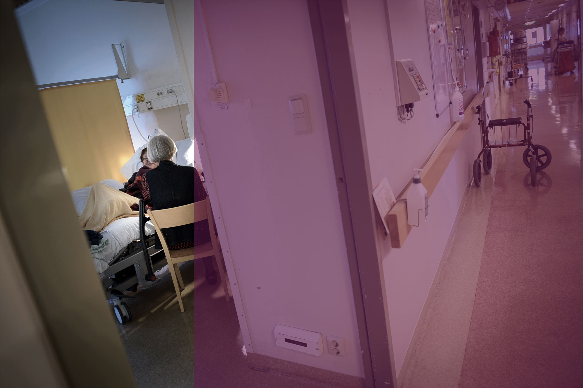 Vi ser in i ett sjukhusrum där det sitter en besökare framför en person som ligger i sjukhussängen. 
