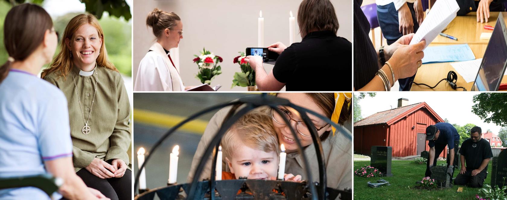 Diakon i samtal, kommunikatör och präst i kyrkan, barnledare med barn framför ljusbärare, kanslist på kontor och kyrkogårdsarbetare sköter gravstenar.