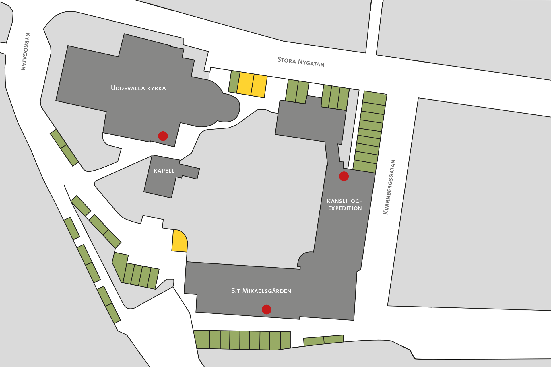 Karta över parkeringsplatser runt Uddevalla kyrka och S:t Mikaelsgården.
