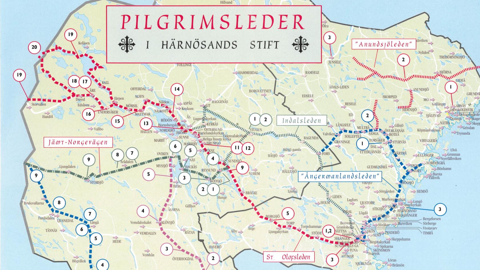 Karta över pilgrimsleder i Härnösands stift