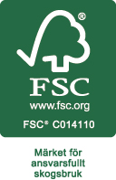 FSC logotyp, märket för ansvarsfullt skogsbruk. Ett vitt träd på grön bakgrund.