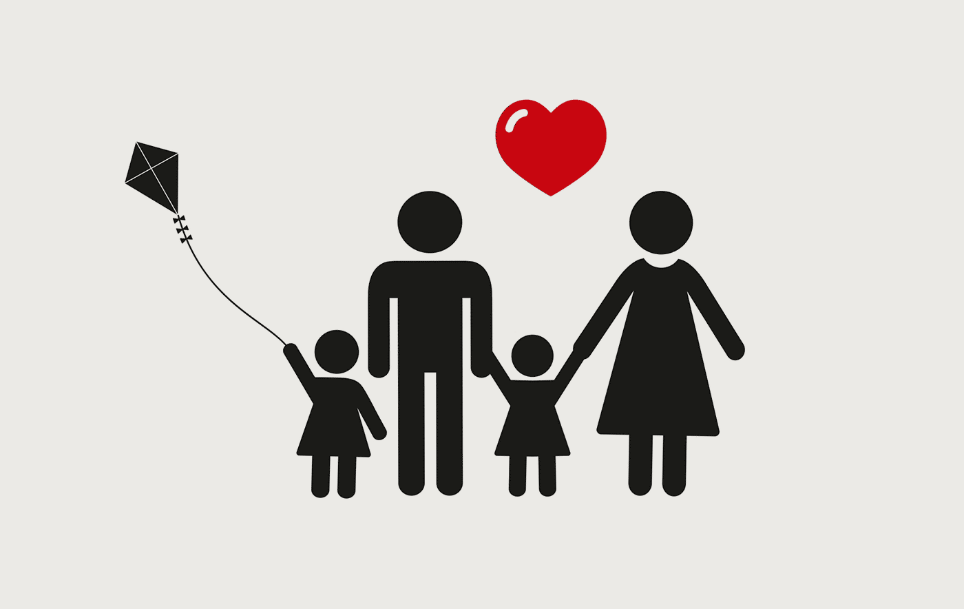 Ilistartion av familj. Ett barn håller i en flygande drake. Ovanför dem är ett rött hjärta. 